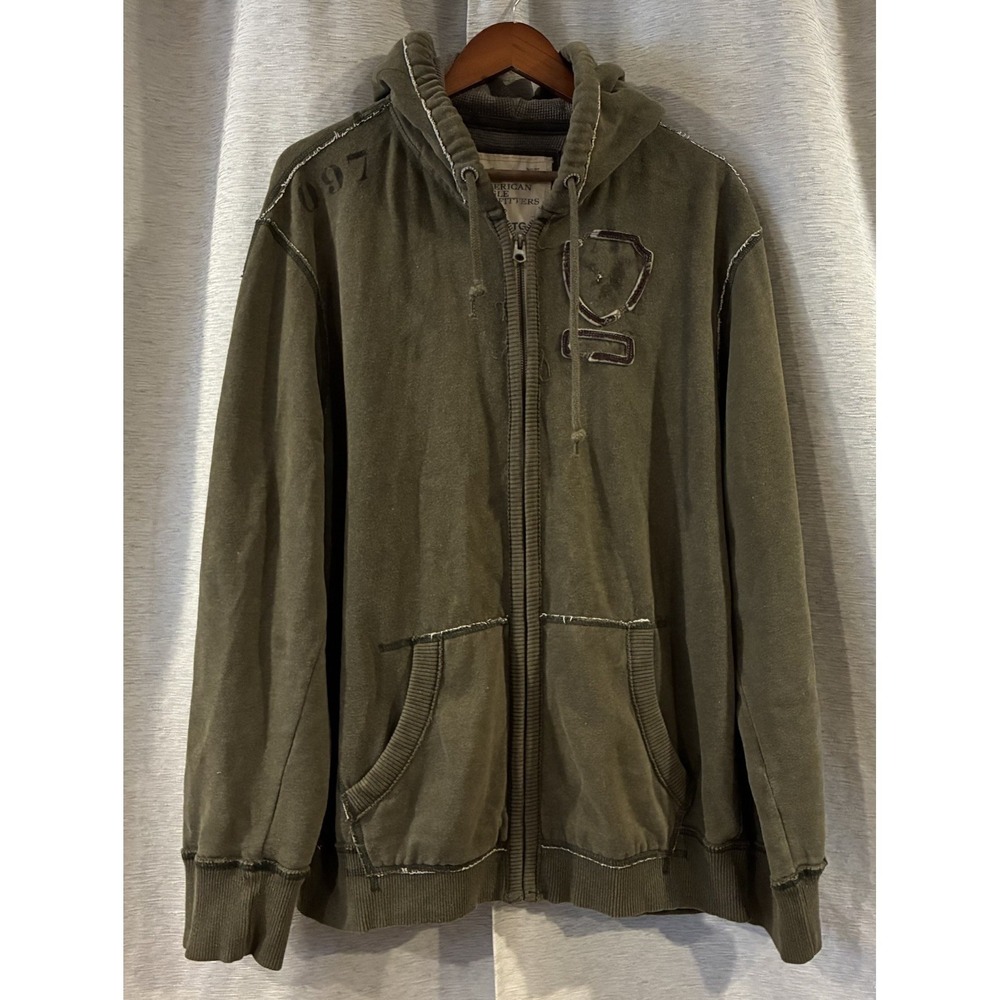 Y2K American Eagle Hoodie Mens‎ XXL Green Full Zip Jacket Distressed